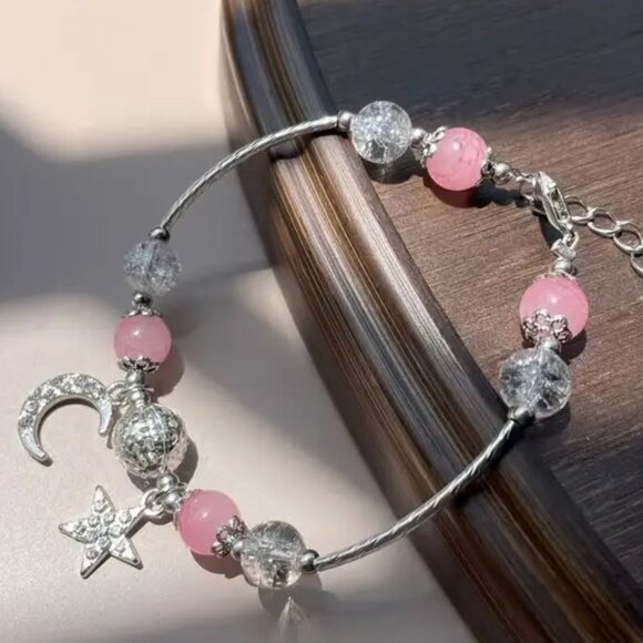 Bohemian Style Strawberry Quartz Moon and Star Charm Bracelet - Elegant & Sleek! - Picture 2 of 6